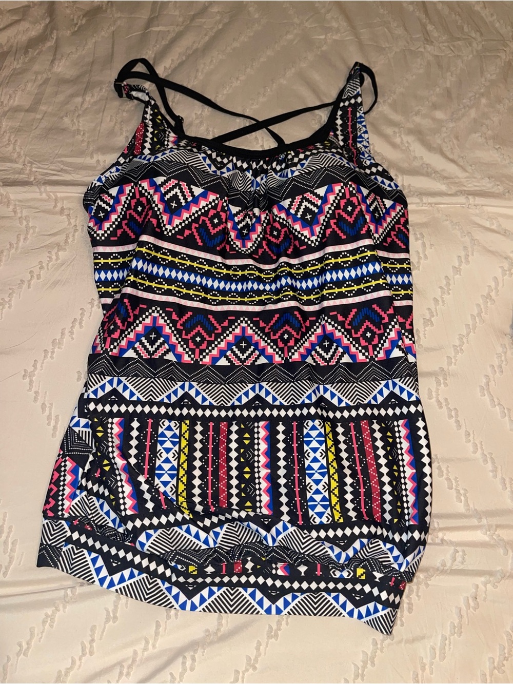 Women’s Strappy Tribal Print Tank Top - Black with Pink & Blue